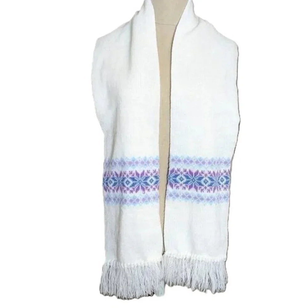 Fair Isle Scarf Vintage Knit Fringe Snowflake Print Boho‎ Acrylic by Leggs